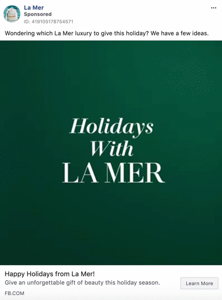 Green background with white text reads "Holidays With LA MER." Facebook ad promotes La Mer luxury beauty products as holiday gifts.
