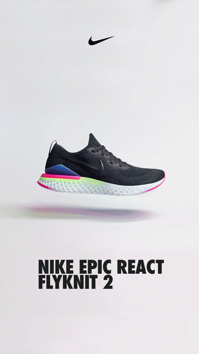 A black Nike Epic React Flyknit 2 shoe with a white sole, neon green, pink, and blue accents, displayed on a white background with the Nike logo above.
