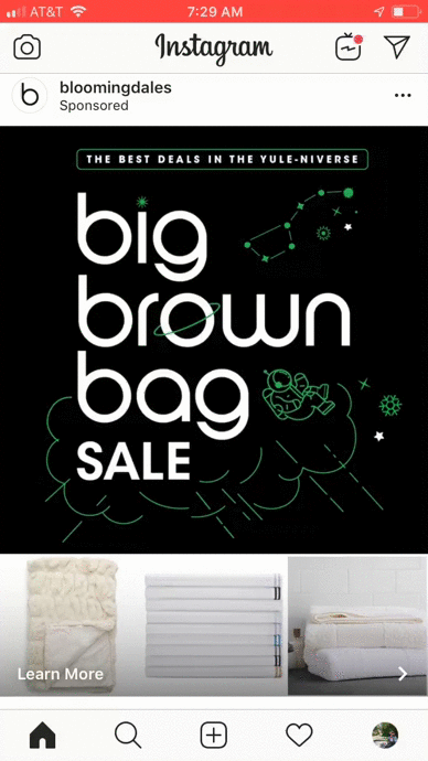 Instagram ad for Bloomingdale’s featuring “big brown bag SALE” text with holiday graphics, constellations, and clouds; two product images below with a “Learn More” button.