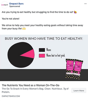 A pie chart shows most busy women have no time to eat healthy, with a small section in hot pink. Two snack bar packs are displayed beside the chart.
