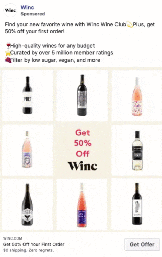 A grid of nine assorted wine bottles surrounds text offering 50% off a Winc Wine Club order, with details about wine variety and membership benefits.