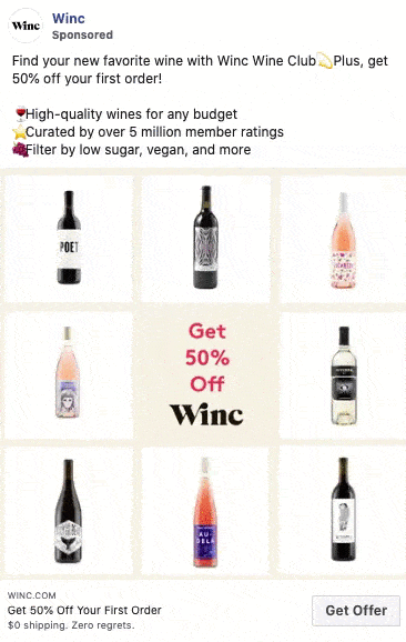 A grid of nine assorted wine bottles surrounds text offering 50% off a Winc Wine Club order, with details about wine variety and membership benefits.