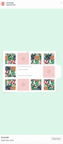 A partially folded greeting card with colorful floral designs and text fields for recipient and sender on a light green background.