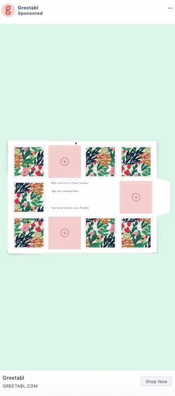 A partially folded greeting card with colorful floral designs and text fields for recipient and sender on a light green background.