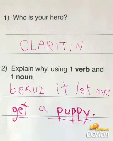 A child's worksheet states their hero is "Claritin" because "it let me get a puppy," with handwritten answers in red. Claritin logo appears in the bottom right corner.