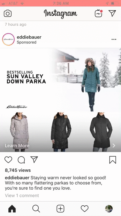 Instagram ad for Eddie Bauer featuring four women modeling different colors of the Sun Valley Down Parka with snowy background and promotional text about best-selling parkas.
