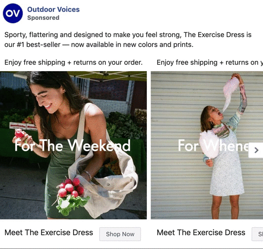 Two women modeling the Outdoor Voices Exercise Dress; one holds flowers outdoors, the other lifts a dog indoors. Text promotes the dress as sporty and flattering.
