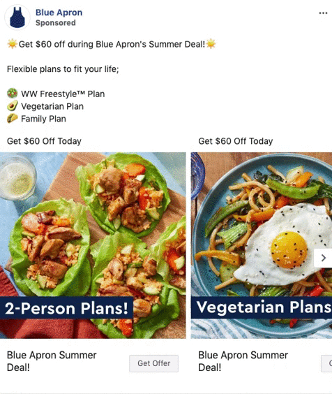 Two images promoting Blue Apron meal plans: one shows lettuce wraps for a 2-person plan, the other shows a vegetable dish for a vegetarian plan. Both advertise a $60 discount for summer.