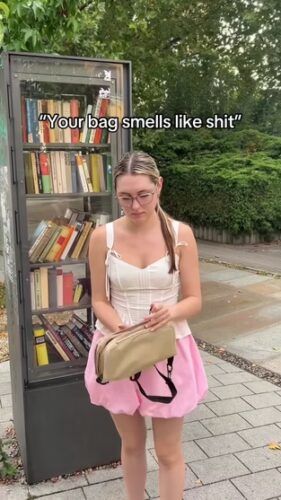 A woman stands in front of a public bookcase, holding a beige bag, with the caption "Your bag smells like shit" above her head.