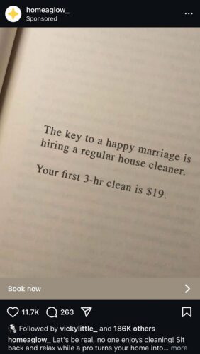 A book page displays text promoting hiring a regular house cleaner for a happy marriage, offering a first 3-hour clean for $19.