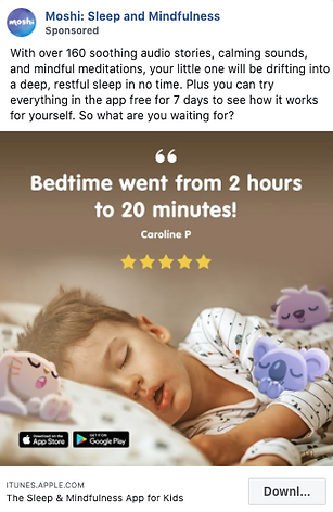 A child sleeps peacefully in bed surrounded by illustrated plush animals, with a testimonial and app store logos promoting a sleep and mindfulness app for kids.
