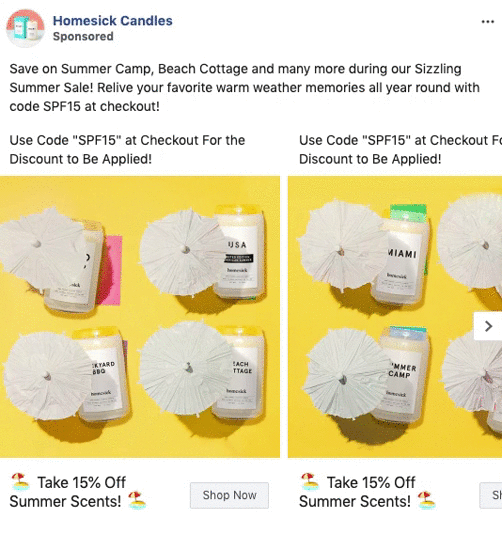 Two images of scented candles with beach-themed labels, drink umbrellas, and sunglasses, promoting a summer sale with a 15% discount using code "SPF15" at checkout.