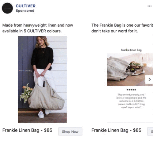 Two ads for the Frankie Linen Bag from CULTIVER show a woman holding the bag and a close-up of the bag with a 5-star customer review. Price listed as $85.
