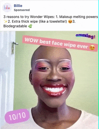 A person with makeup on half their face smiles, showing the result of using a face wipe; text overlays read “WOW best face wipe ever,” “amazing!,” and “10/10.”.