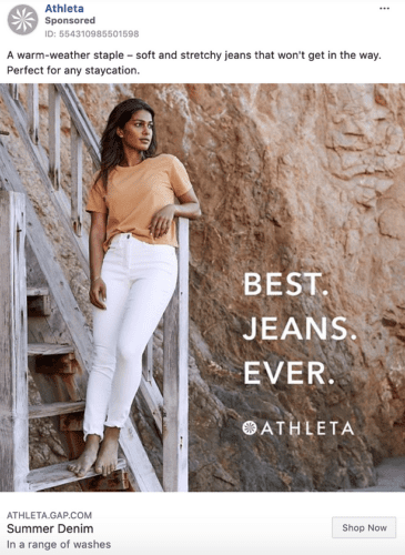 A woman in a tan t-shirt and white jeans leans against a rocky cliff. Text reads: "Best. Jeans. Ever. Athleta." Summer Denim promotion is displayed below.