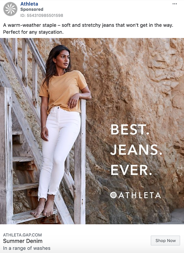 A woman in a tan t-shirt and white jeans leans against a rocky cliff. Text reads: "Best. Jeans. Ever. Athleta." Summer Denim promotion is displayed below.