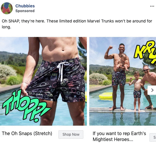 Two men wearing Marvel-themed swim trunks stand by a pool; one shows a close-up of the trunks, the other poses with a child, comic-style words appear on the images.