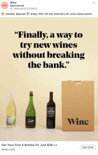 Three wine bottles and a Winc-branded box are displayed in front of a beige wall with text promoting affordable access to new wines.