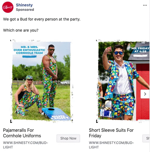 Two promotional images show people wearing colorful, matching Bud Light-themed outfits labeled for cornhole and Friday events, with cornhole boards and outdoor settings in the background.