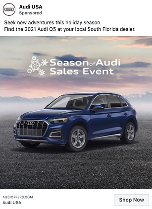 A blue Audi Q5 SUV is parked on a flat landscape under a cloudy sky, with text promoting the "Season of Audi Sales Event.
