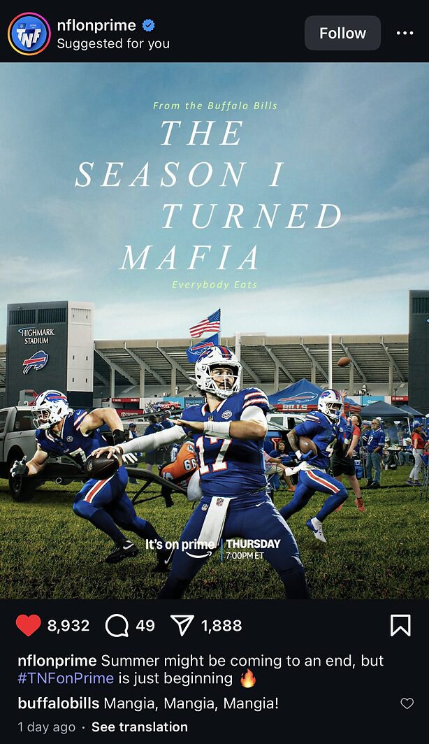 Buffalo Bills football players celebrate on a field with confetti, as promotional text for "The Season I Turned Mafia" overlays the stadium background.