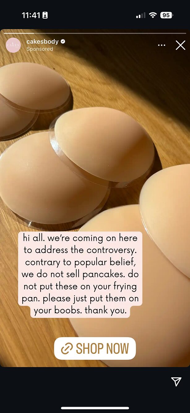 Four pairs of nude, round silicone breast inserts are displayed on a wooden surface with a text overlay clarifying that they are not pancakes but are meant to be worn on the chest.
