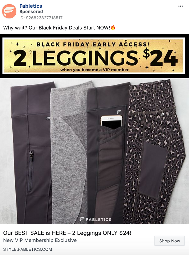 Three pairs of women’s leggings in black, gray, and leopard print are displayed under a promotional banner advertising 2 leggings for $24 during a Black Friday sale.