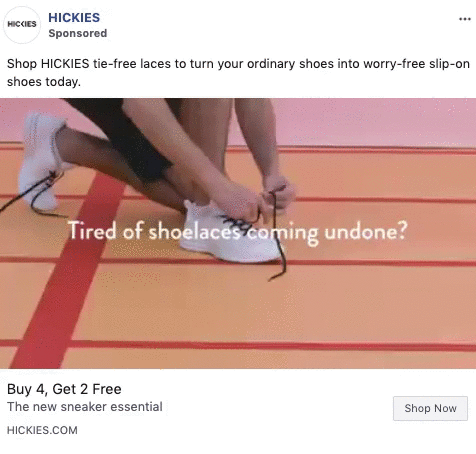 Person sitting on a track, tying shoelaces on white sneakers; text overlay reads "Tired of shoelaces coming undone?" promoting HICKIES tie-free laces.