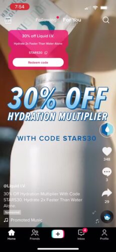 A TikTok video shows a hydration product ad offering 30% off with code STARS30. The screen displays a water bottle and promotional text about Liquid I.V. Hydration Multiplier.