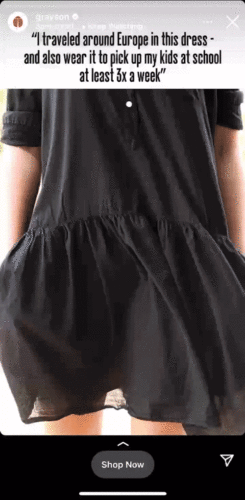 Person wearing a loose-fitting black dress, with arms relaxed by their sides. Text above describes wearing the dress regularly for travel and school pickup.