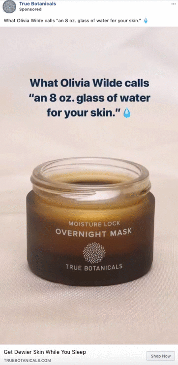 An open jar of True Botanicals Moisture Lock Overnight Mask sits on a light surface with promotional text above it.