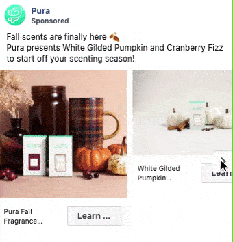 Ad features Pura fall fragrance products, including White Gilded Pumpkin and Cranberry Fizz, shown with autumn decor like pumpkins, mugs, and leaves.