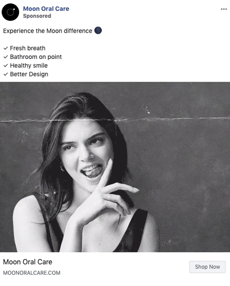 Black and white photo of a woman touching her lips and smiling, featured in an ad for Moon Oral Care with a list of product benefits on the left.