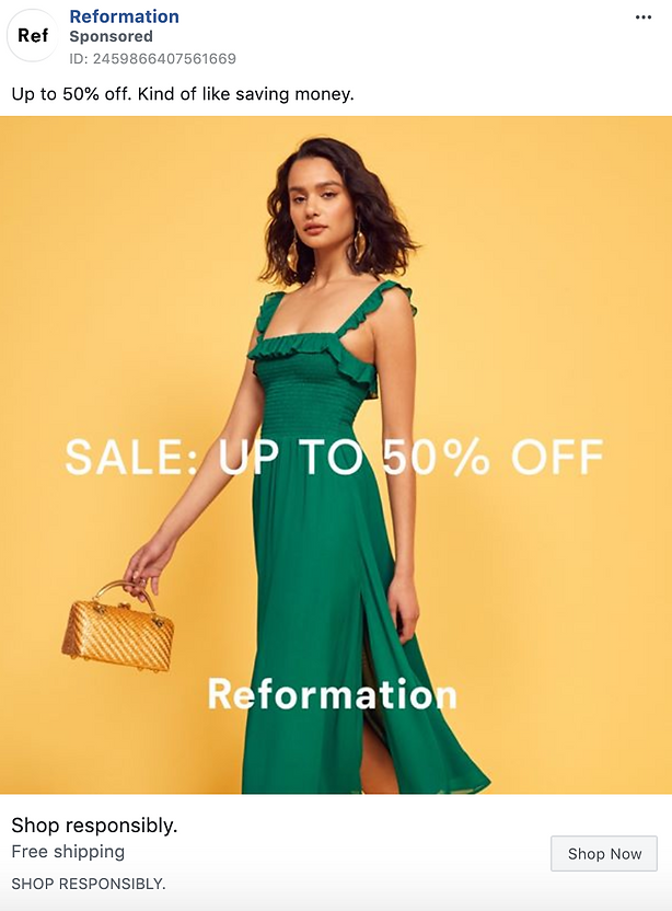 A woman in a green dress holds a yellow handbag, standing against a yellow background with text reading "SALE: UP TO 50% OFF" and "Reformation.