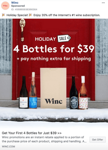A Winc promo image shows four wine bottles and a paper bag on snowy steps with a red door, advertising "4 Bottles for $39" and no extra shipping charge for a holiday sale.
