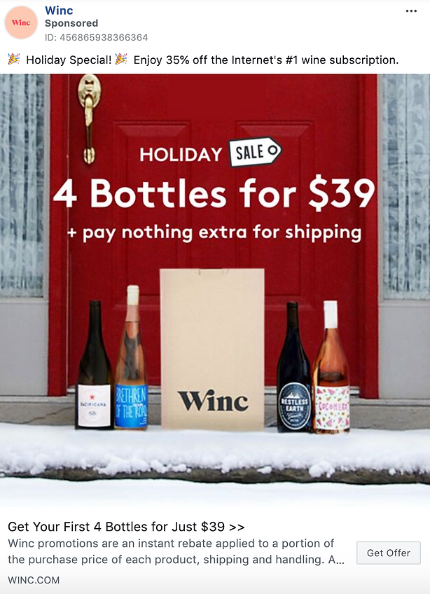 A Winc promo image shows four wine bottles and a paper bag on snowy steps with a red door, advertising "4 Bottles for $39" and no extra shipping charge for a holiday sale.