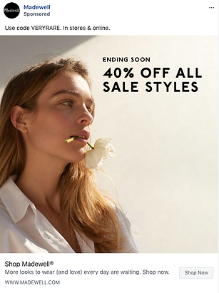 A woman with a flower in her mouth looks to the side; text reads "Ending Soon: 40% Off All Sale Styles." Madewell promotion with "Shop Now" and website link.