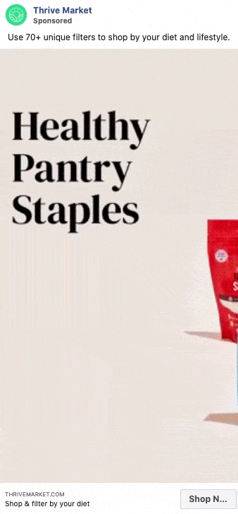 Thrive Market ad with large text reading "Healthy Pantry Staples" and a red bag of snacks partially visible on the right side.