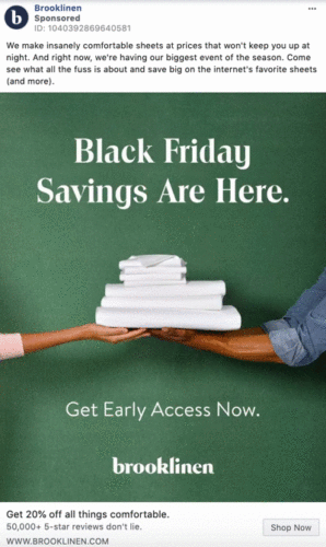 Two people pull opposite corners of a white sheet in front of a green background. Text on the image promotes Brooklinen's Black Friday savings and early access to a 20% discount.