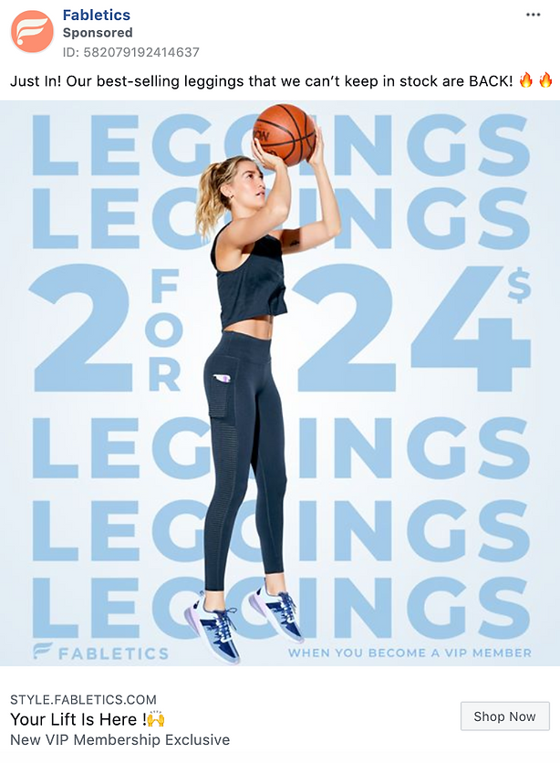 A woman in athletic wear jumps while shooting a basketball, promoting a Fabletics offer: two pairs of leggings for $24 with a new VIP membership.