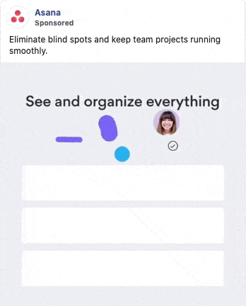 Animated Asana ad showing a user profile icon being moved to different projects under the headline "See and organize everything" with a message about eliminating blind spots in teams.