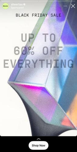 Sheertex Black Friday Sale ad with text stating "Up to 60% off everything" over a geometric background and a foot wearing sheer black hosiery.