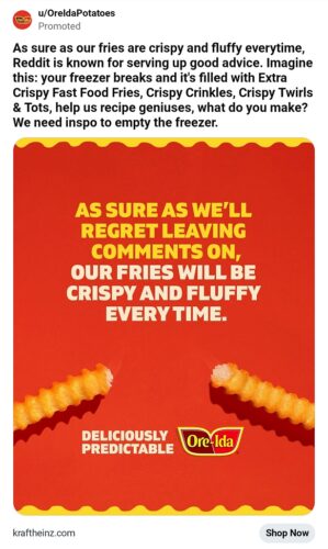 A promotional ad for Ore-Ida fries shows various crispy fries on a yellow background with bold text about their consistent quality.