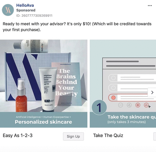 A social media ad for personalized skincare features skincare products, a book titled "The Brains Behind Your Beauty," and a quiz interface prompting users to take a skincare quiz.