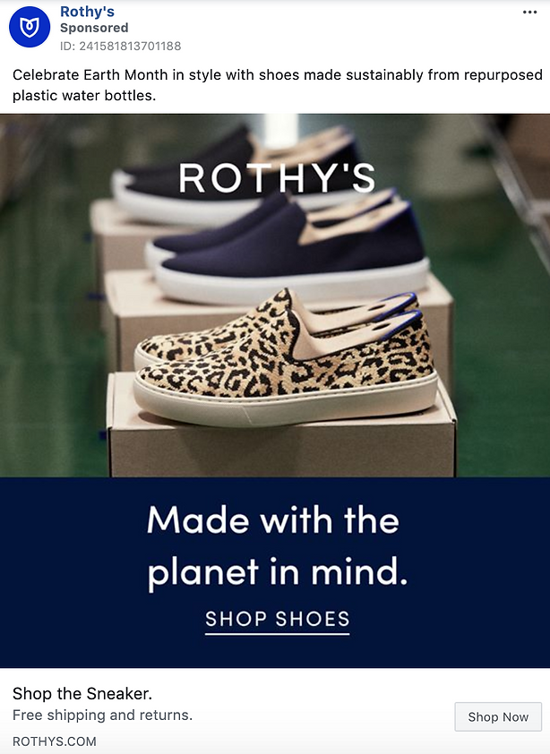 Display of slip-on sneakers, including a pair with a leopard print, arranged on boxes. Text highlights sustainable materials and encourages shopping for shoes.