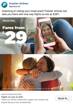 A person smiles during a video call on a smartphone; below, two people embrace in a sunlit room. Text advertises Frontier Airlines one-way fares starting at $29.