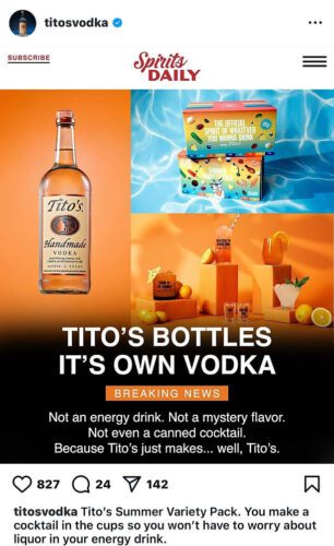 Promotional image for Tito’s Vodka featuring a bottle, cocktails, fruit, and the Tito’s Summer Variety Pack against an orange background with headline announcing Tito’s bottles its own vodka.