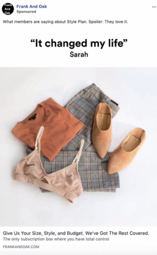 Flat lay of a pink bra, rust-colored t-shirt, plaid pants, and tan closed-toe shoes on a white background. Frank And Oak Style Plan ad is displayed above the clothing.