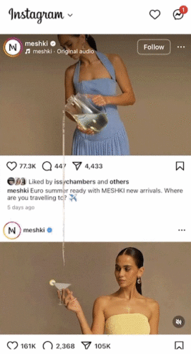 A woman in a blue dress pours water into a bag, then appears in a yellow top using a jade roller on her face. The Instagram post is from the brand "meshki.