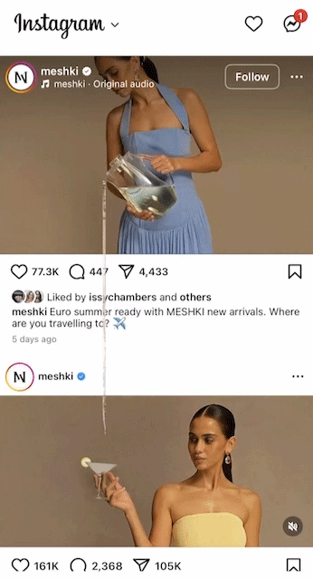 A woman in a blue dress pours water into a bag, then appears in a yellow top using a jade roller on her face. The Instagram post is from the brand "meshki.